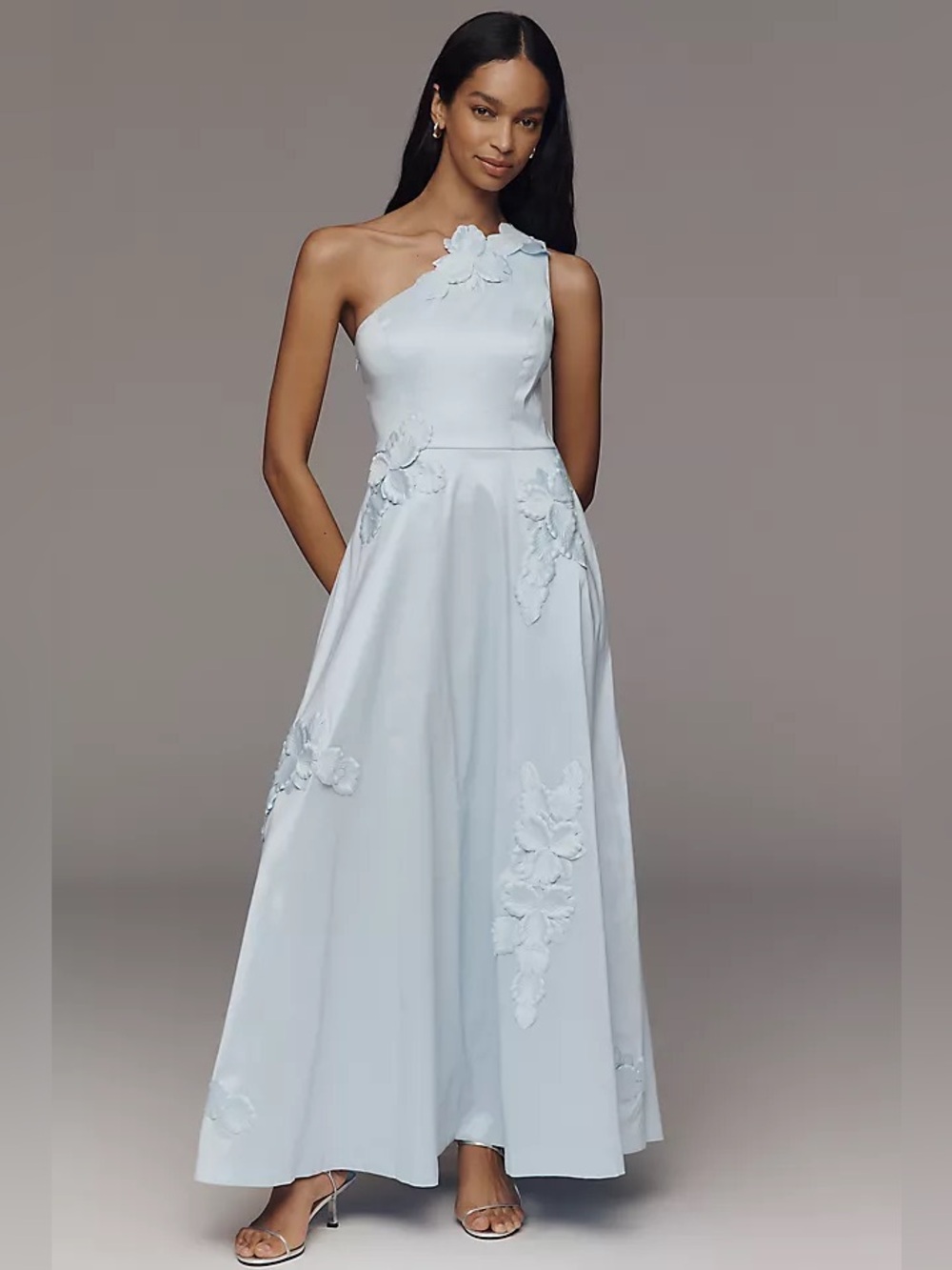 Hutch Adelaide One-Shoulder Pale Blue Floral Appliqué Gown